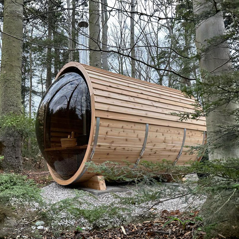panoramic view cedar barrel sauna