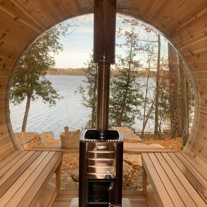 panoramic view cedar barrel sauna