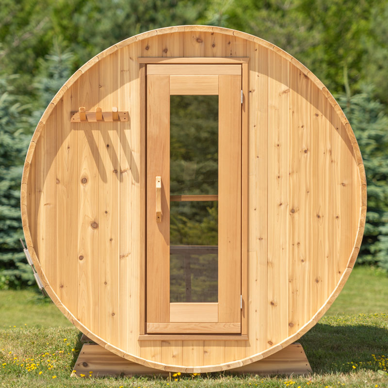 panoramic view cedar barrel sauna