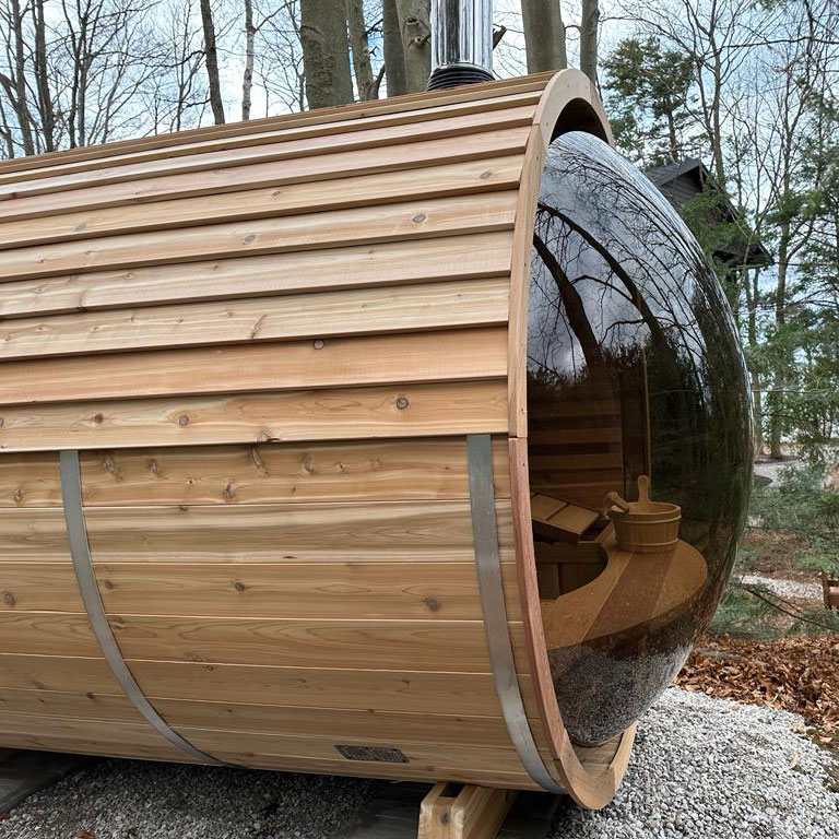 panoramic view cedar barrel sauna