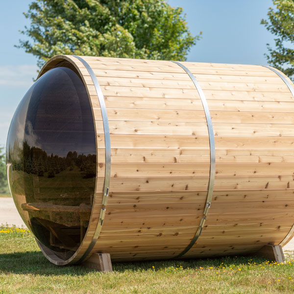 panoramic view cedar barrel sauna