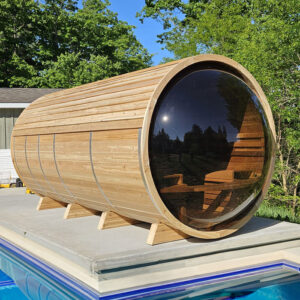 panoramic view cedar barrel sauna