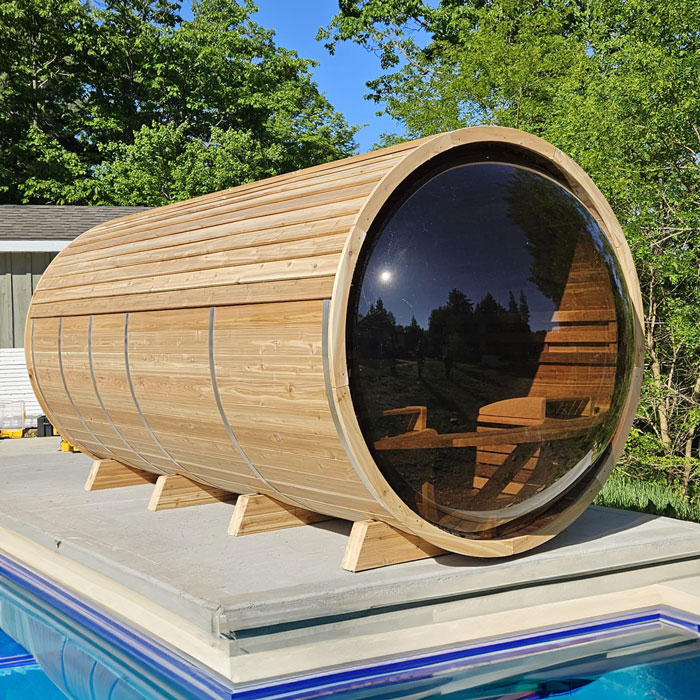 panoramic view cedar barrel sauna