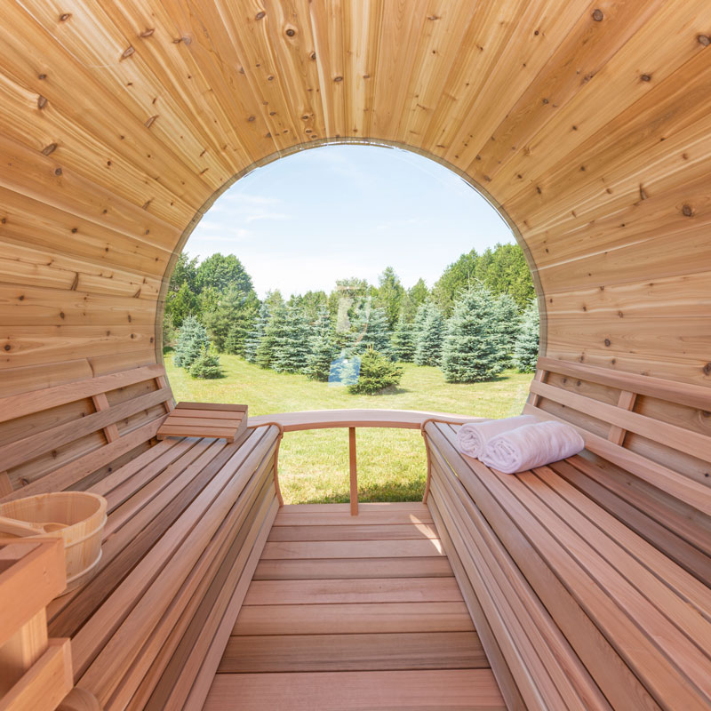 panoramic view cedar barrel sauna