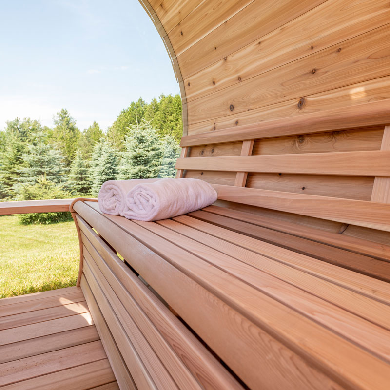 panoramic view cedar barrel sauna