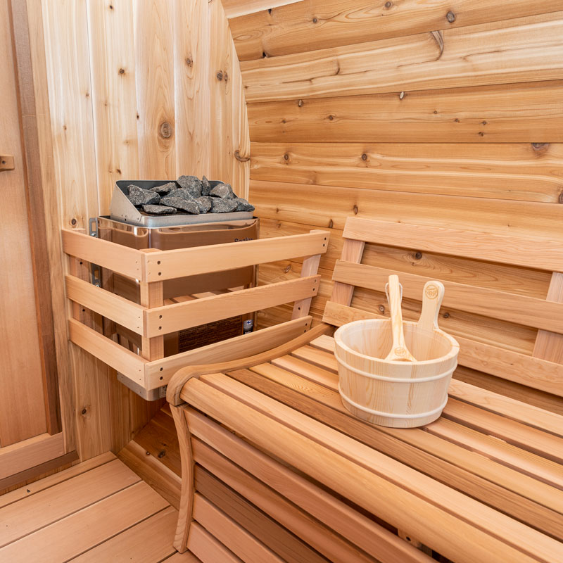 panoramic view cedar barrel sauna