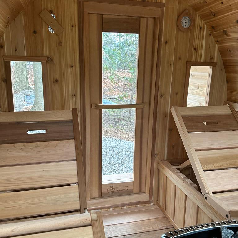 panoramic view cedar barrel sauna